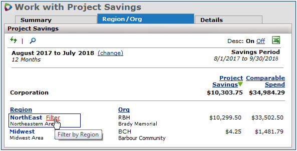 Setting the Region Filter for Project Savings